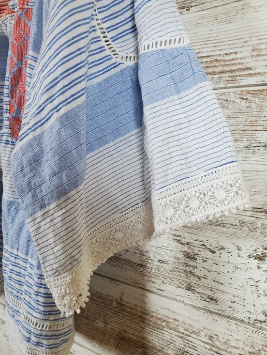 Democracy Blue Striped Boho Peasant Top with Red Embroidery and Lace Trim - Picture 9 of 14